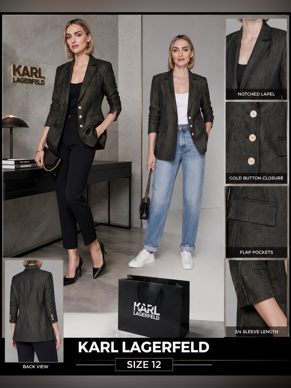 Karl Lagerfeld Women’s Dark Olive Blazer with Gold Buttons